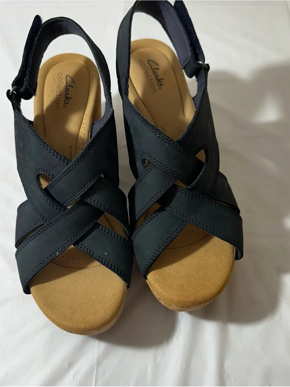 Clarks‎ Black Suede Cork Wedge Sandals Size 11